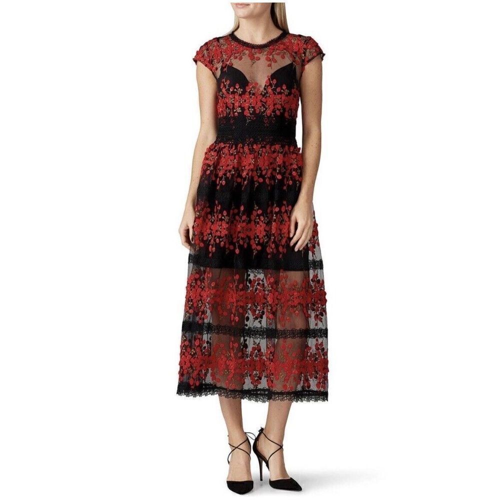 BRONX & BANCO Dress Womens 8 Gloria Red Embroidered Midi Black Mesh